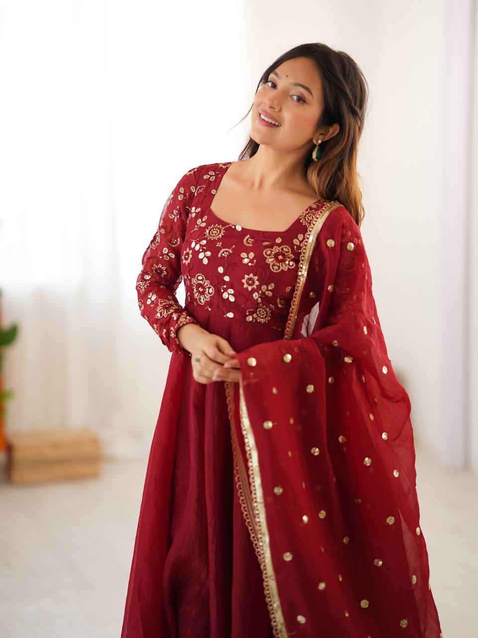 Luxury Crunchy Silk Flared Gown with Coordinated Pants and Embroidered Dupatta
