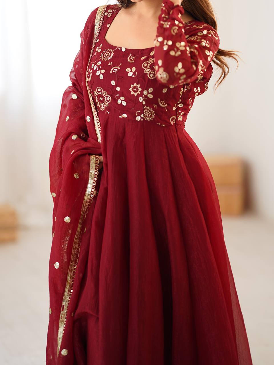 Luxury Crunchy Silk Flared Gown with Coordinated Pants and Embroidered Dupatta