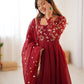 Luxury Crunchy Silk Flared Gown with Coordinated Pants and Embroidered Dupatta