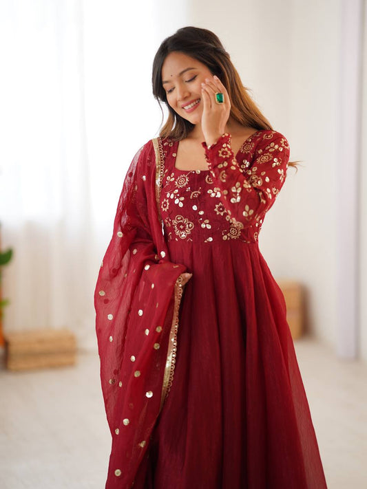 Luxury Crunchy Silk Flared Gown with Coordinated Pants and Embroidered Dupatta
