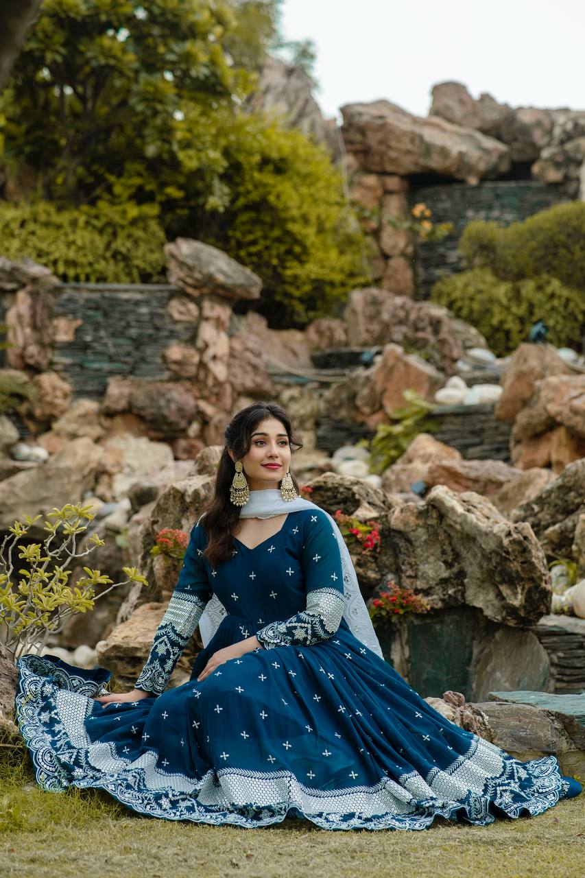 Premium Readymade Anarkali Suit Set Three Pieces with Faux Blooming Fabric and Heavy Sequins Thread Embroidery