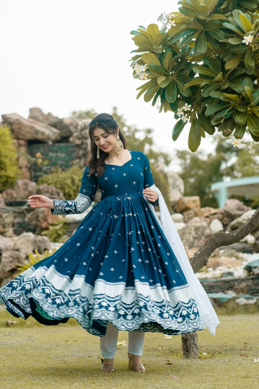 Premium Readymade Anarkali Suit Set Three Pieces with Faux Blooming Fabric and Heavy Sequins Thread Embroidery