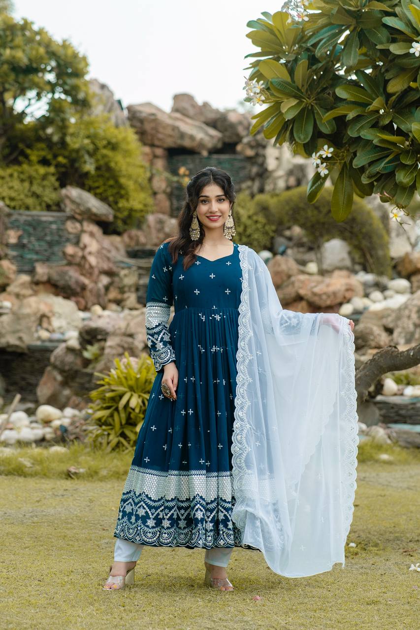 Premium Readymade Anarkali Suit Set Three Pieces with Faux Blooming Fabric and Heavy Sequins Thread Embroidery