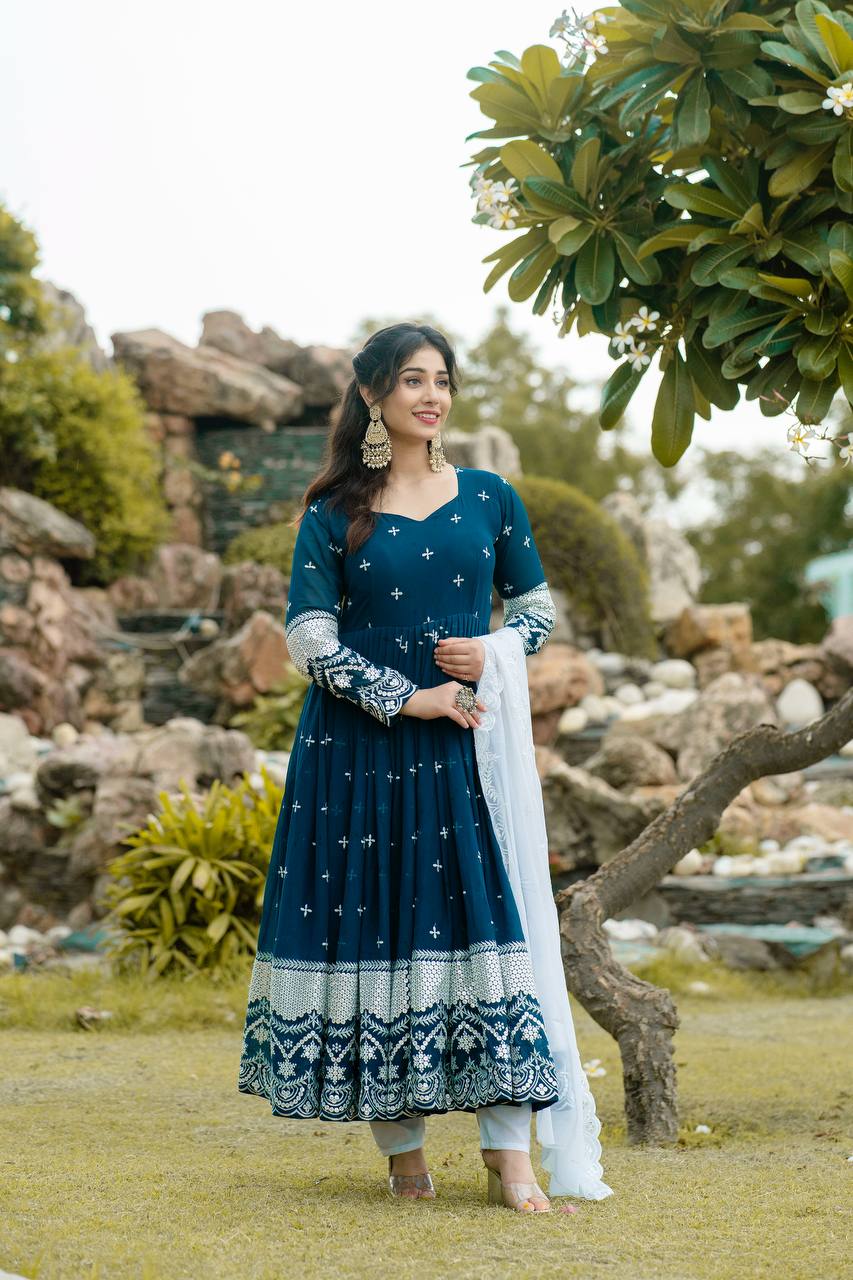 Premium Readymade Anarkali Suit Set Three Pieces with Faux Blooming Fabric and Heavy Sequins Thread Embroidery