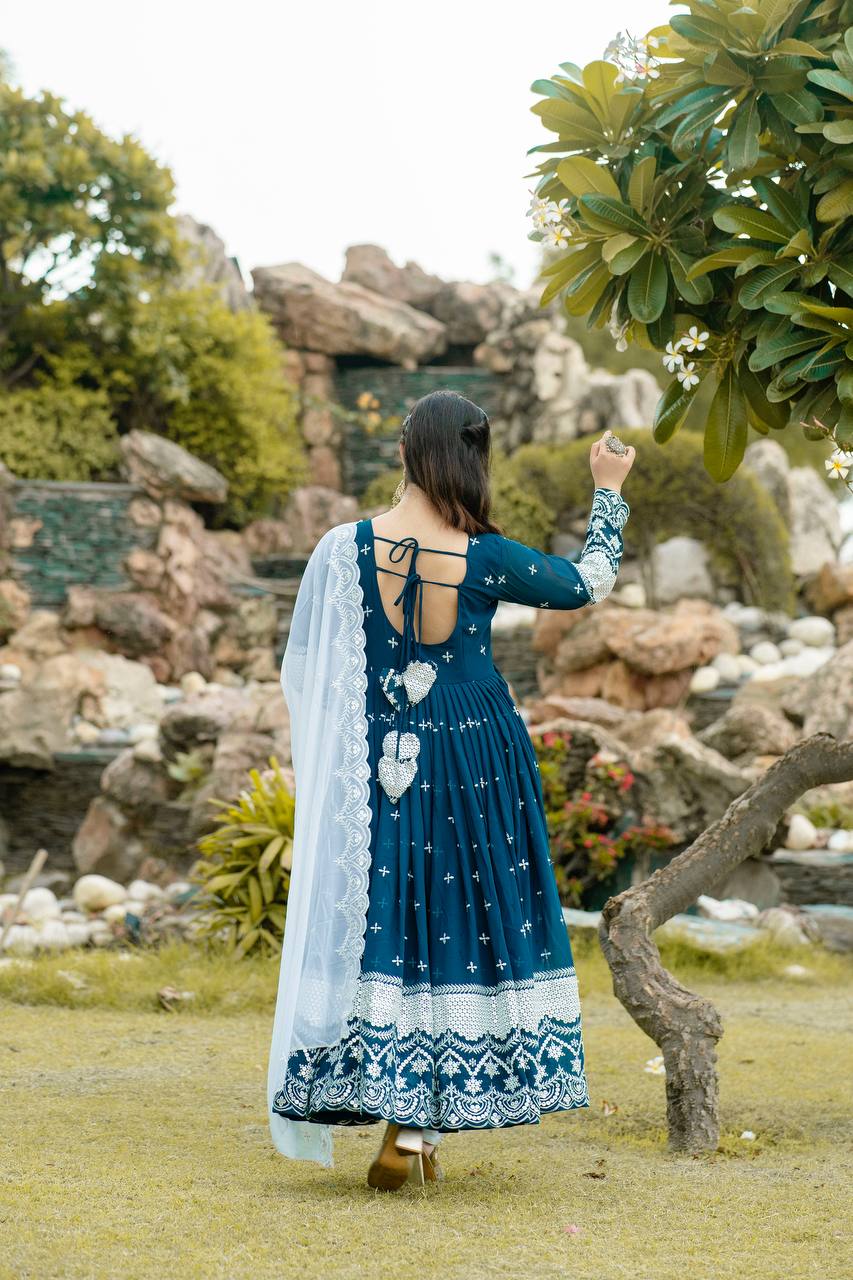 Premium Readymade Anarkali Suit Set Three Pieces with Faux Blooming Fabric and Heavy Sequins Thread Embroidery