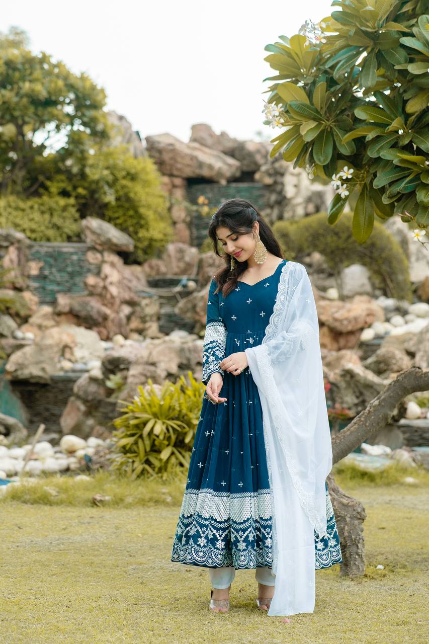 Premium Readymade Anarkali Suit Set Three Pieces with Faux Blooming Fabric and Heavy Sequins Thread Embroidery