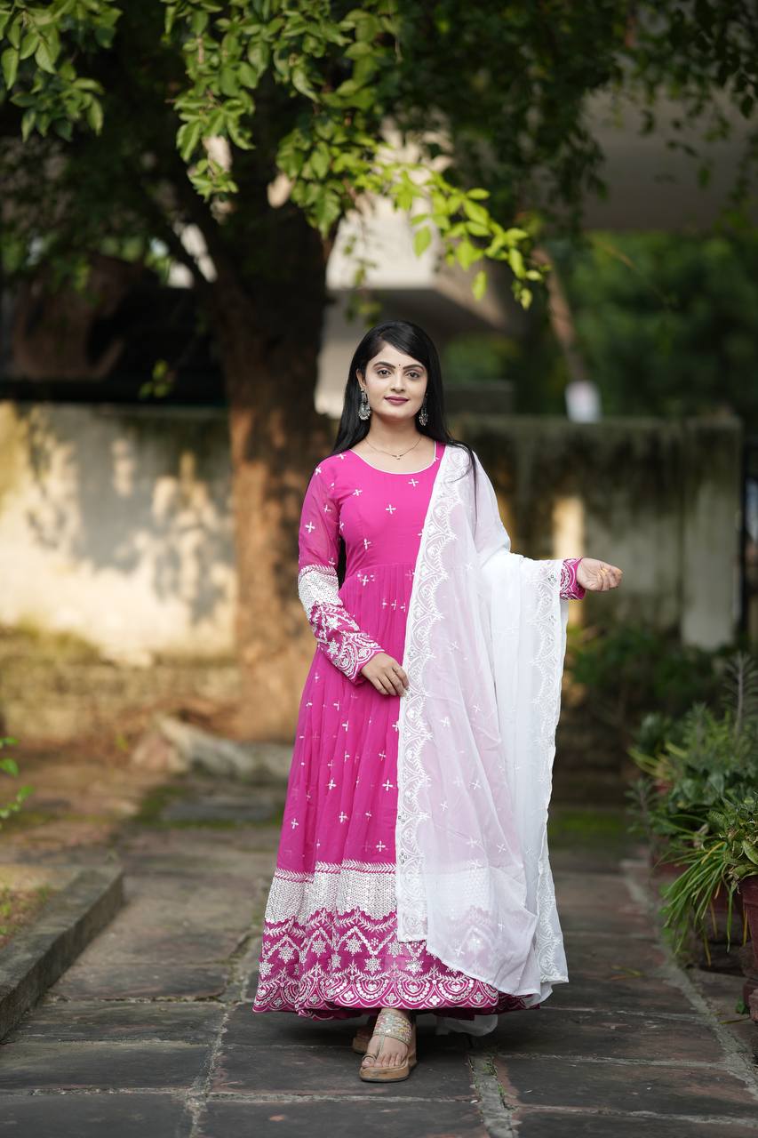Premium Readymade Anarkali Suit Set Three Pieces with Faux Blooming Fabric and Heavy Sequins Thread Embroidery