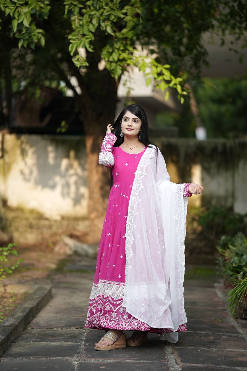 Premium Readymade Anarkali Suit Set Three Pieces with Faux Blooming Fabric and Heavy Sequins Thread Embroidery