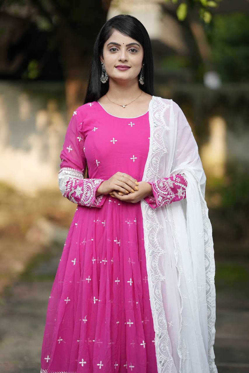 Premium Readymade Anarkali Suit Set Three Pieces with Faux Blooming Fabric and Heavy Sequins Thread Embroidery