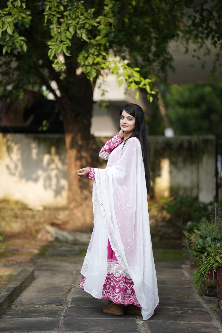 Premium Readymade Anarkali Suit Set Three Pieces with Faux Blooming Fabric and Heavy Sequins Thread Embroidery