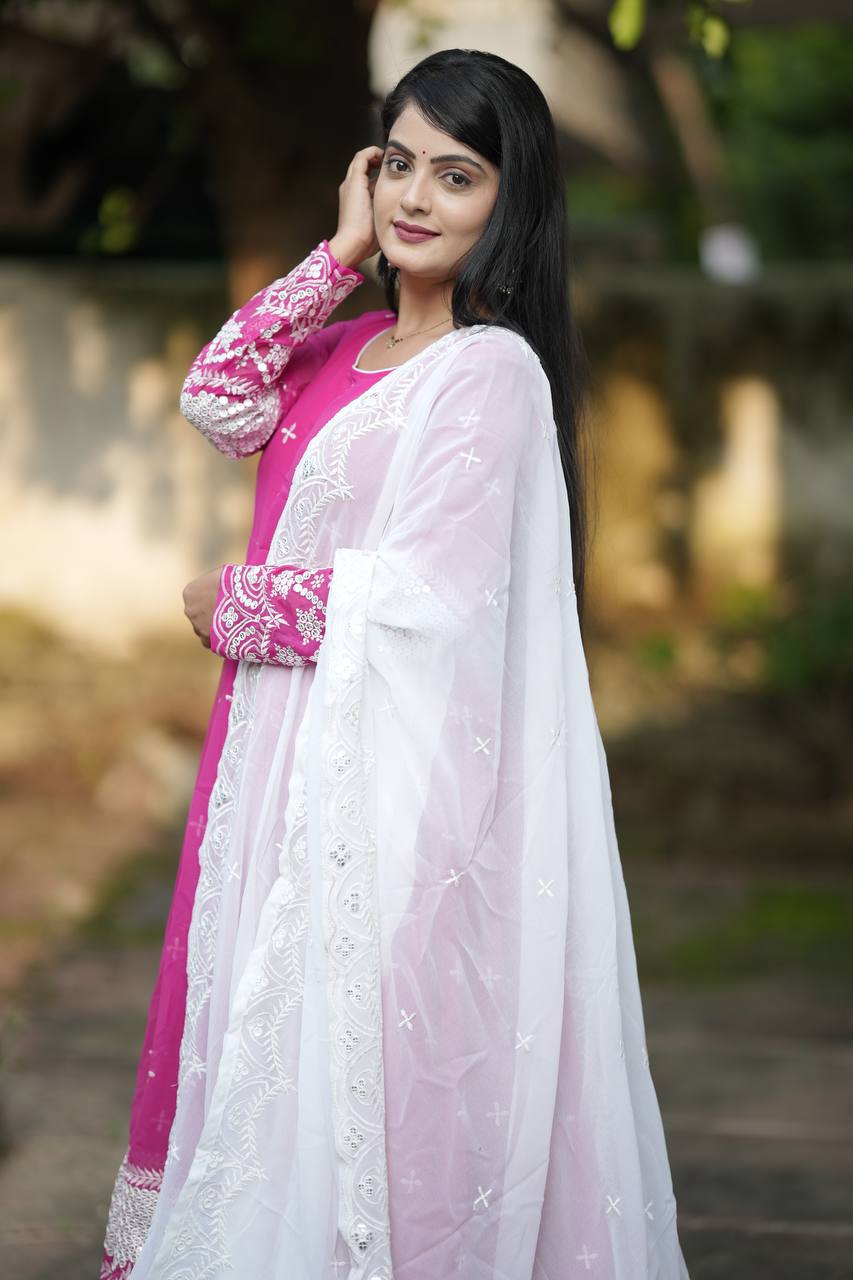Premium Readymade Anarkali Suit Set Three Pieces with Faux Blooming Fabric and Heavy Sequins Thread Embroidery