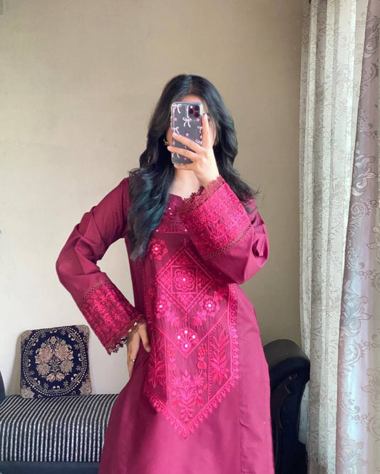 Luxury Roman Silk Top and Pant with Intricate GPO Embroidery & Georgette Dupatta  Designer Suit Set in Roman Silk – GPO Lace Embellishment with Elegant Dupatta
