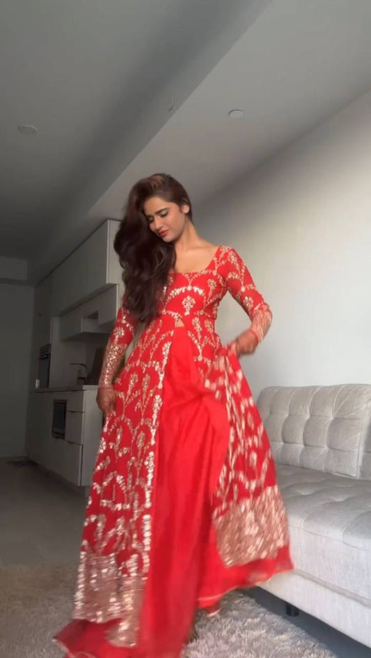 Elegant Red Faux Georgette Top with Micro Inner and Intricate Thread Sequin Work