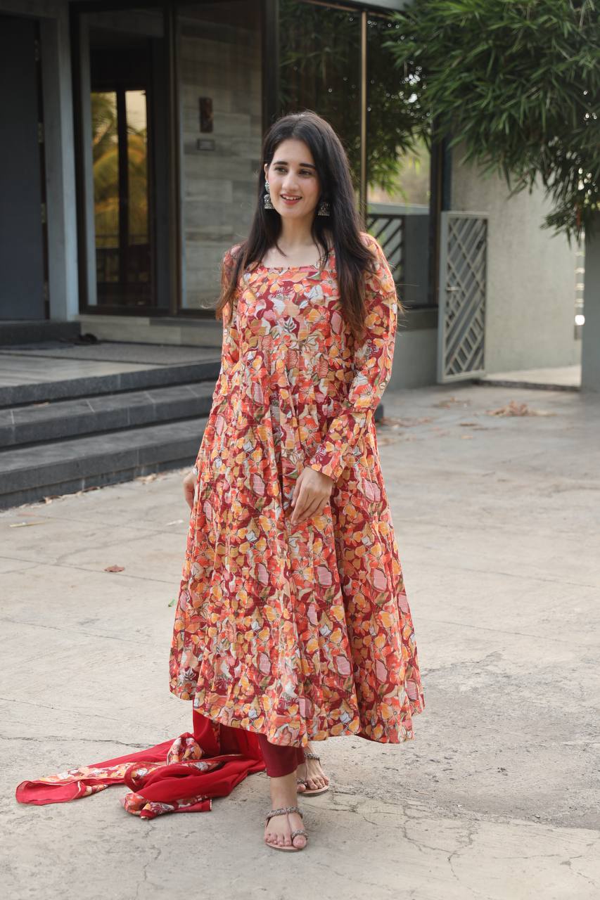 Premium Readymade Anarkali Suit Set Three Piece with Muslin Cross Embroidery and Digital Print