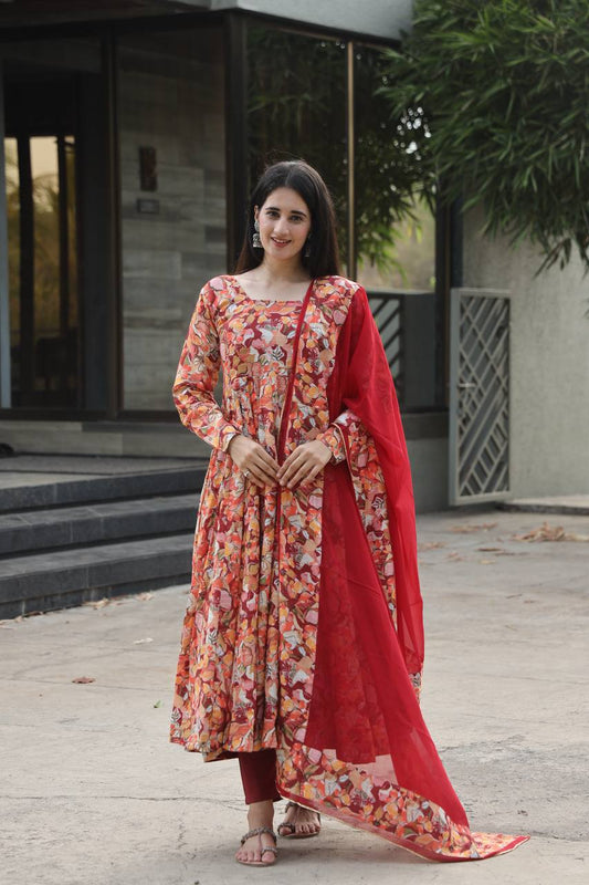 Premium Readymade Anarkali Suit Set Three Piece with Muslin Cross Embroidery and Digital Print