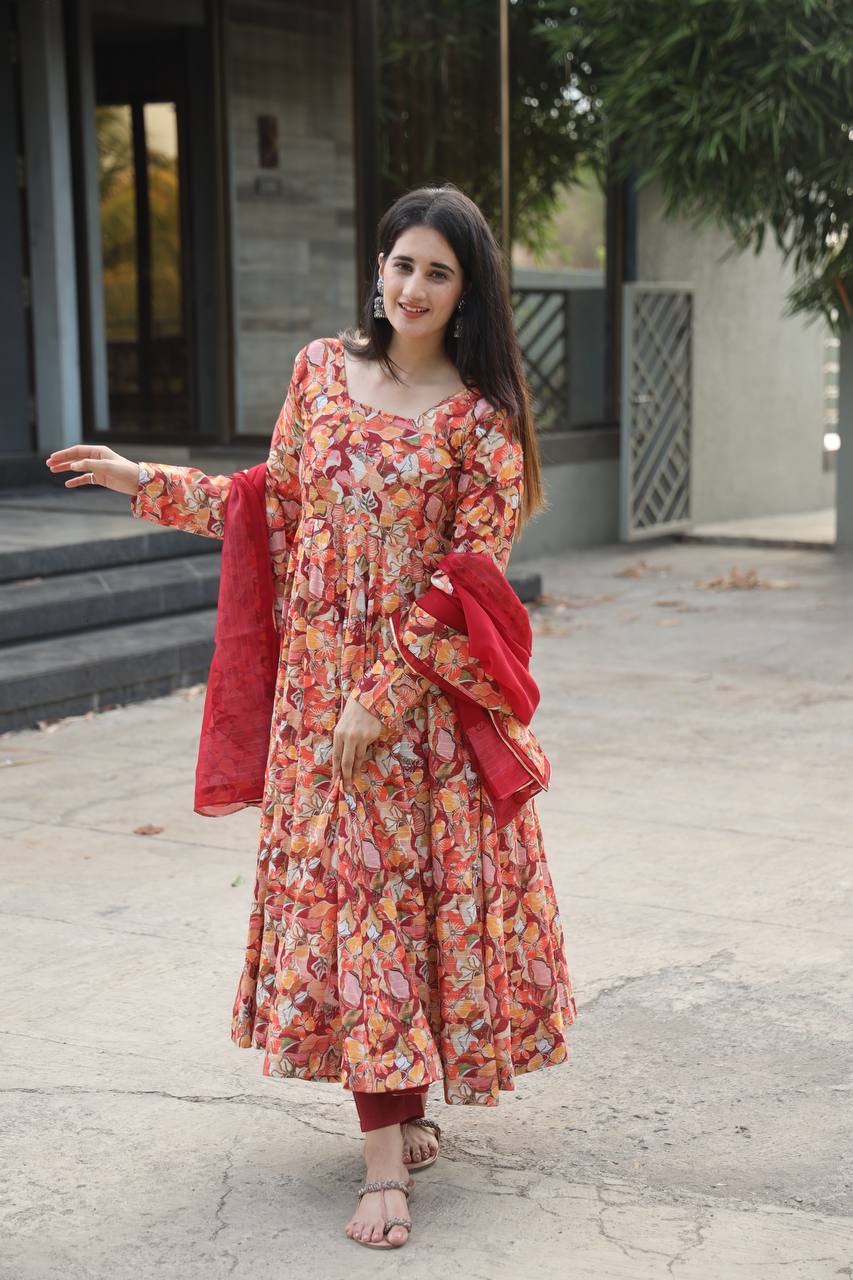Premium Readymade Anarkali Suit Set Three Piece with Muslin Cross Embroidery and Digital Print