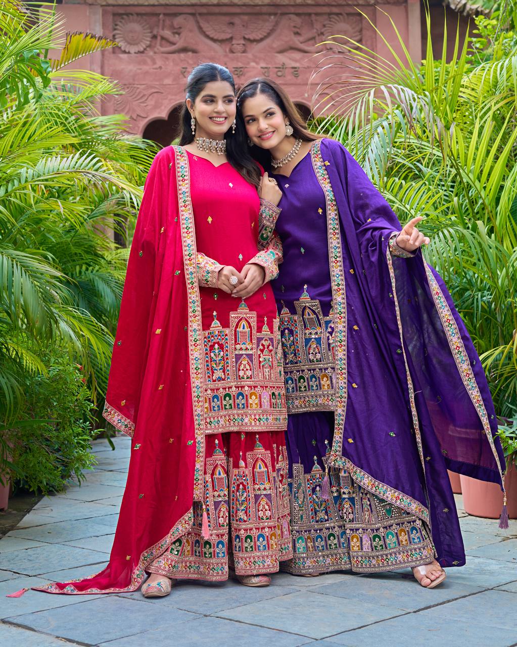 Elegant Pure Chinnon Silk Kurti Plazzo and Dupatta Set with Coding Dori and Sequence Work