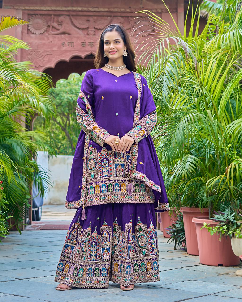 Elegant Pure Chinnon Silk Kurti Plazzo and Dupatta Set with Coding Dori and Sequence Work