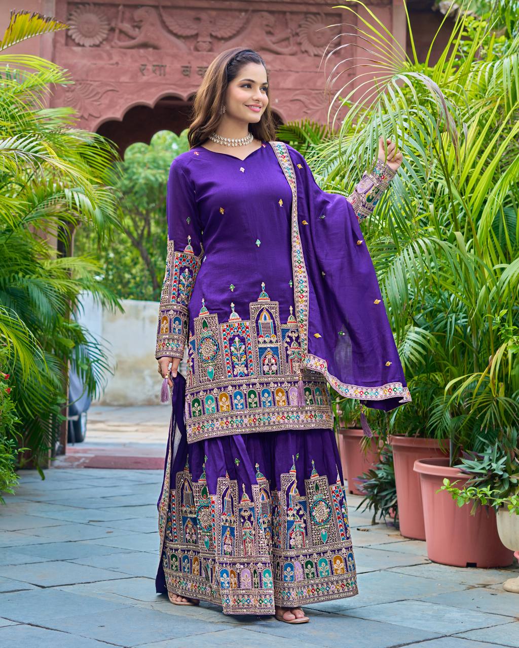 Elegant Pure Chinnon Silk Kurti Plazzo and Dupatta Set with Coding Dori and Sequence Work
