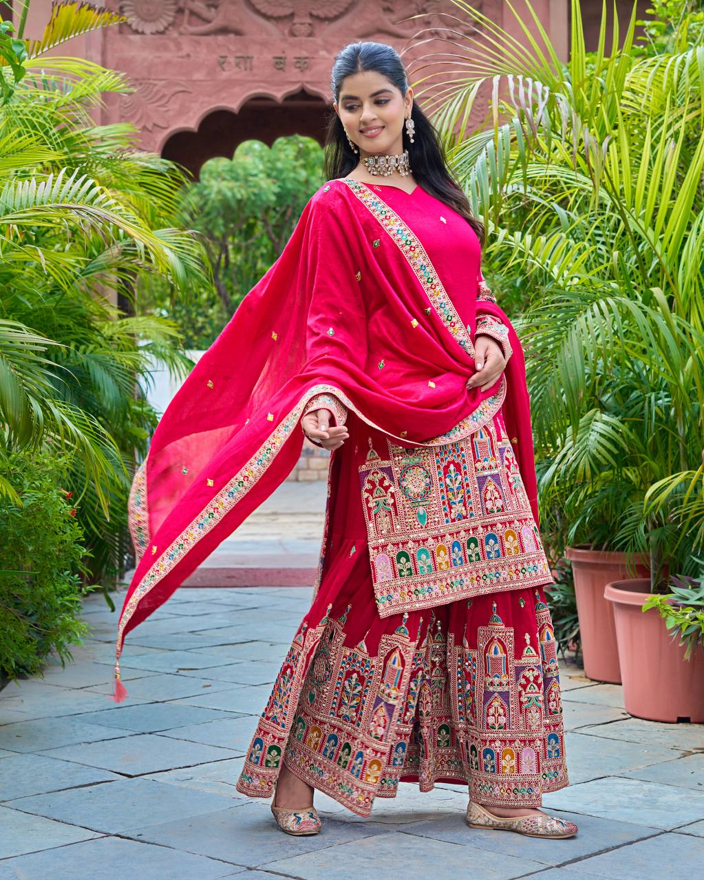 Elegant Pure Chinnon Silk Kurti Plazzo and Dupatta Set with Coding Dori and Sequence Work