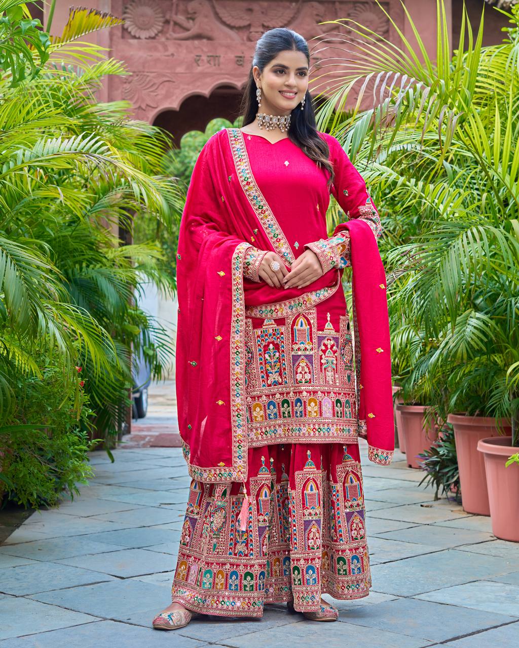 Elegant Pure Chinnon Silk Kurti Plazzo and Dupatta Set with Coding Dori and Sequence Work