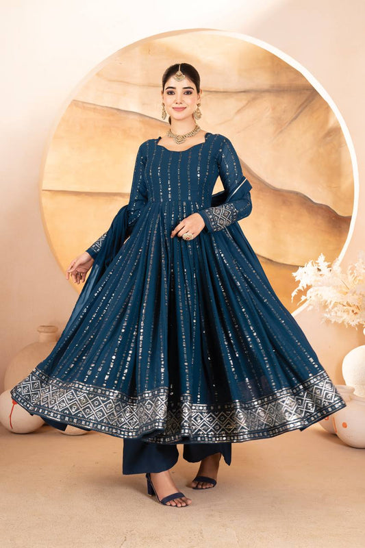 Designer Luxury Anarkali Suit Set Three Pieces with Faux Blooming Fabric Heavy Sequin and Thread Embroidery