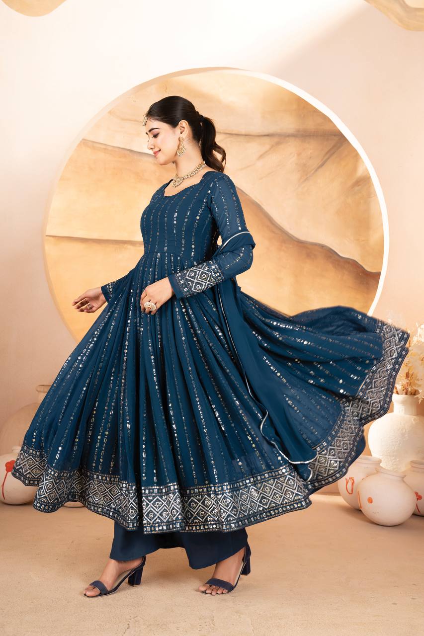 Designer Luxury Anarkali Suit Set Three Pieces with Faux Blooming Fabric Heavy Sequin and Thread Embroidery