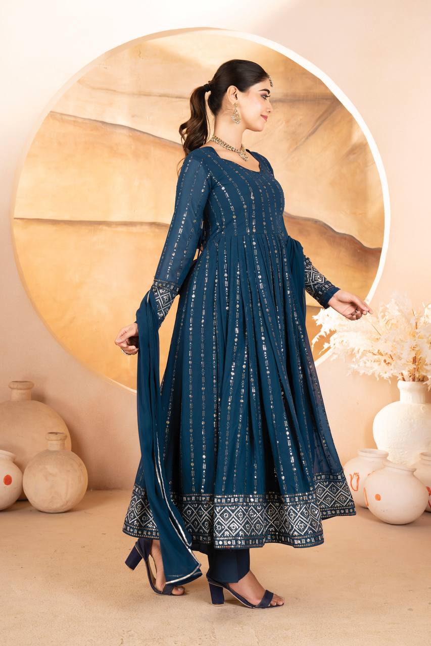 Designer Luxury Anarkali Suit Set Three Pieces with Faux Blooming Fabric Heavy Sequin and Thread Embroidery