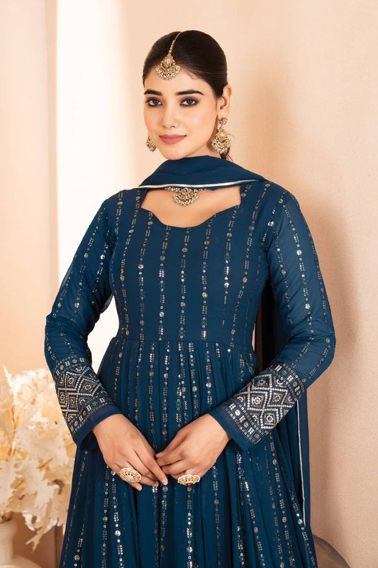 Designer Luxury Anarkali Suit Set Three Pieces with Faux Blooming Fabric Heavy Sequin and Thread Embroidery