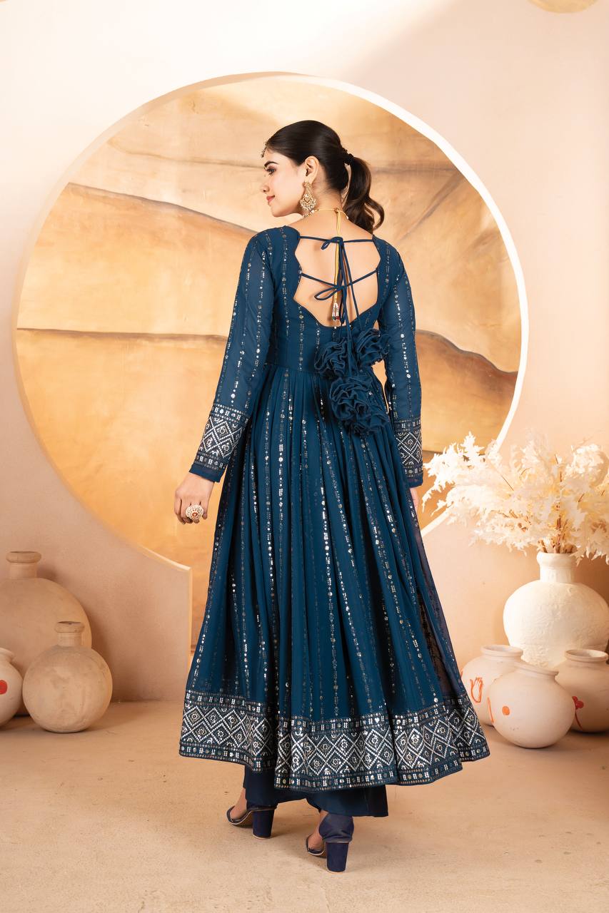 Designer Luxury Anarkali Suit Set Three Pieces with Faux Blooming Fabric Heavy Sequin and Thread Embroidery