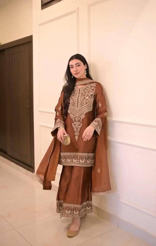 Chinestitch Embroidered Natural Crepe Suit Set with Plazo and Dupatta Featuring Four-Side Lace