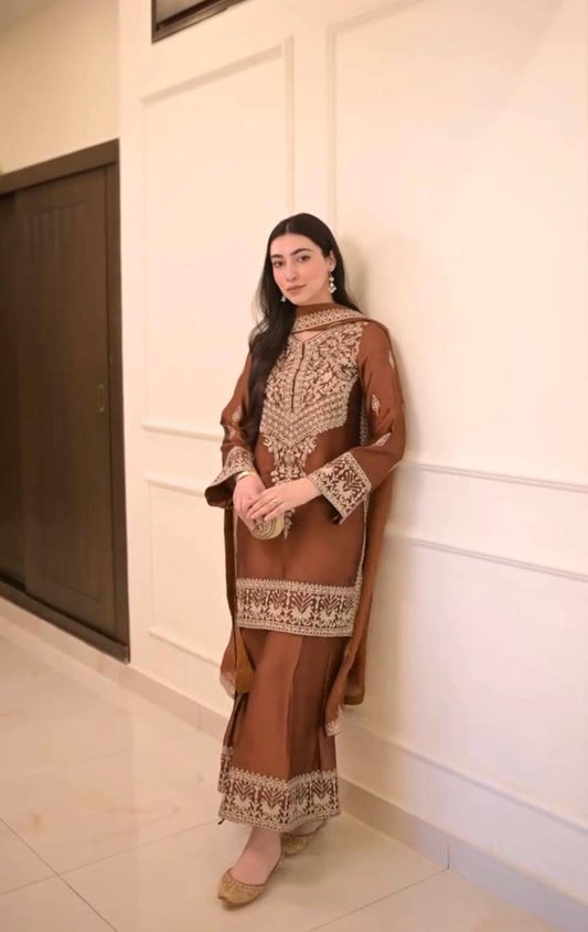 Chinestitch Embroidered Natural Crepe Suit Set with Plazo and Dupatta Featuring Four-Side Lace
