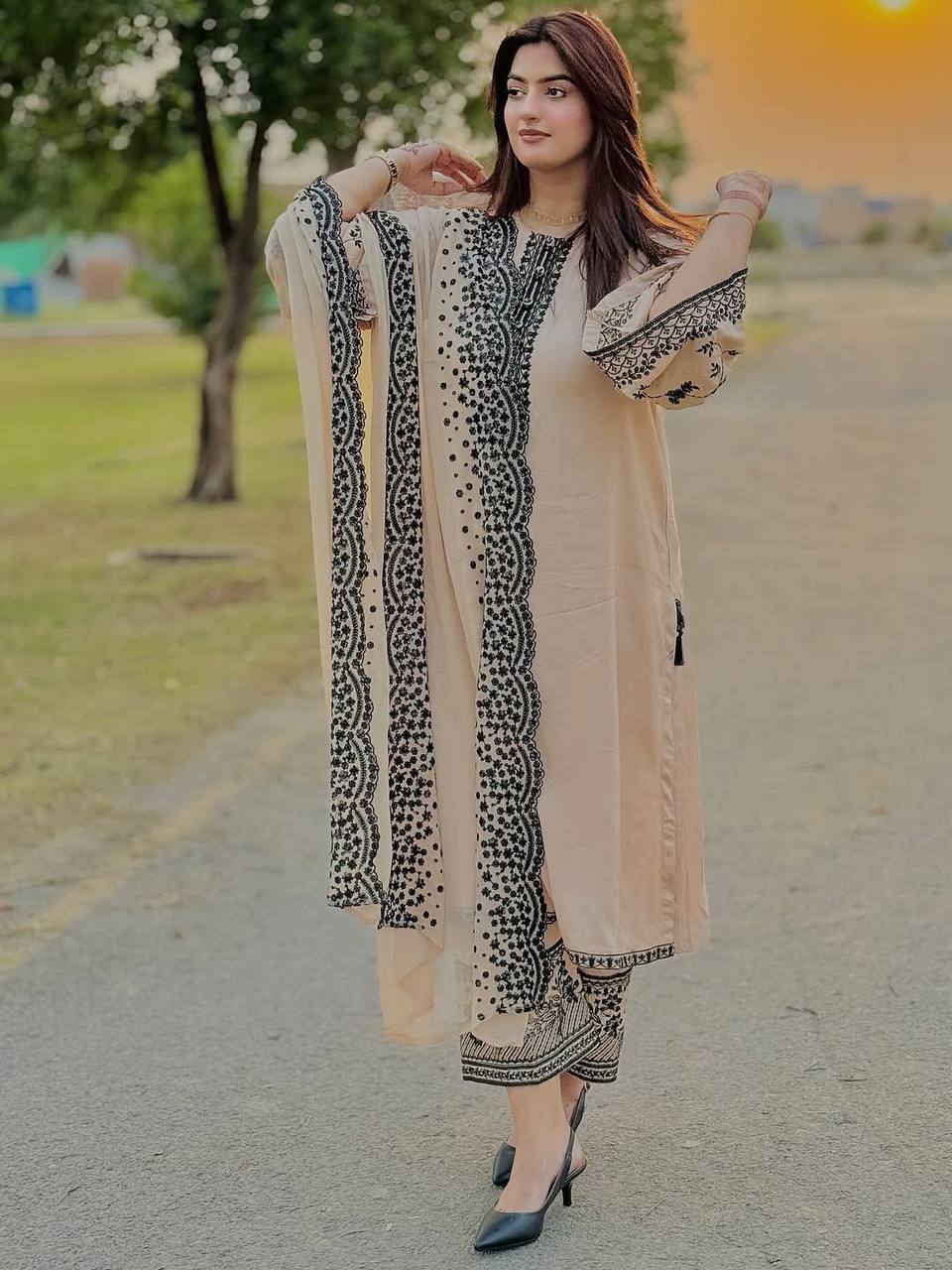 Luxury Roman Silk Top and Pant with Intricate GPO Embroidery & Georgette Dupatta