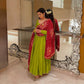 Designer Three-Piece Gown in Chinon with Bandhani Dupatta & Latkan Dori Work