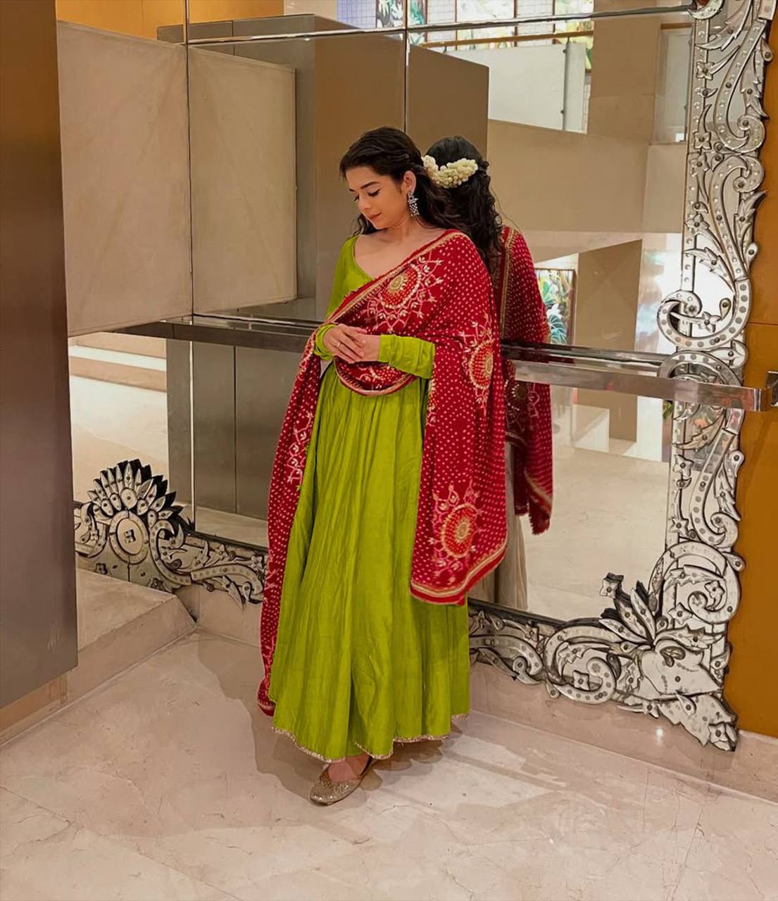 Designer Three-Piece Gown in Chinon with Bandhani Dupatta & Latkan Dori Work