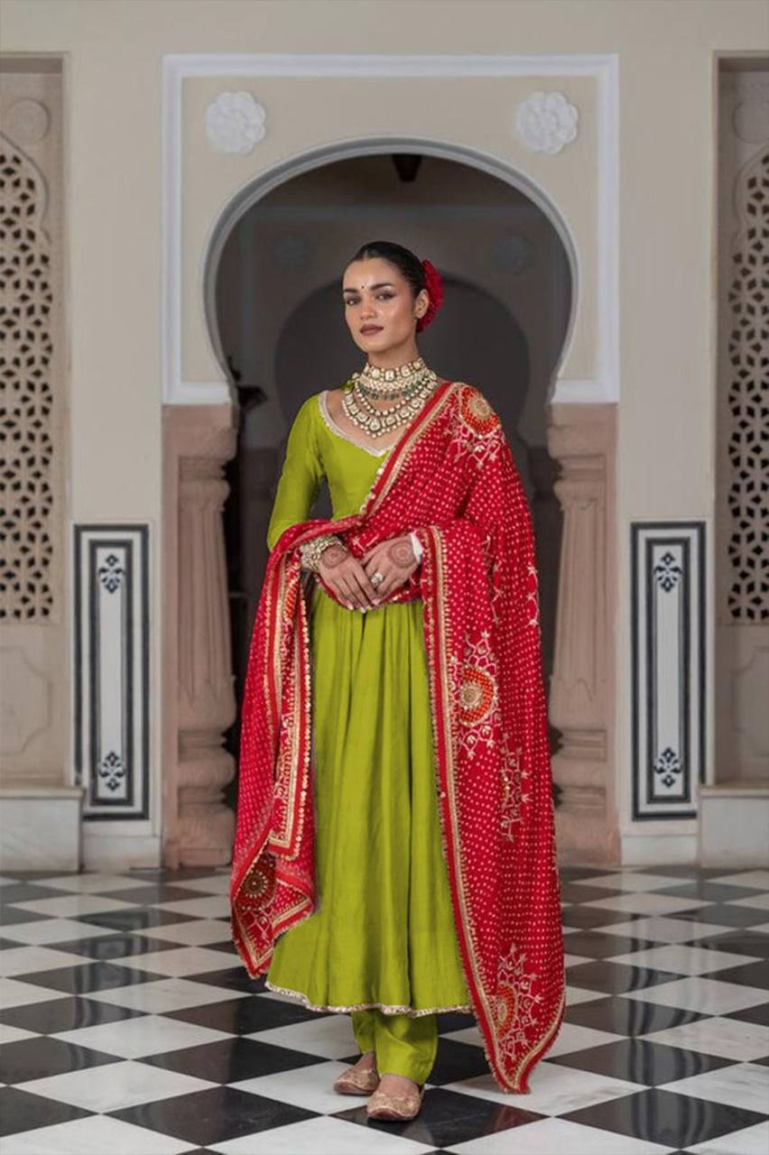 Designer Three-Piece Gown in Chinon with Bandhani Dupatta & Latkan Dori Work