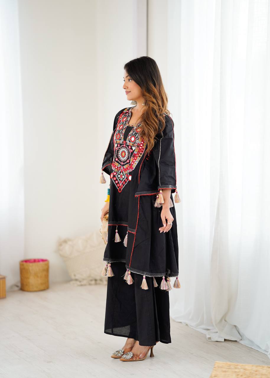 Boho-Inspired Pure Khadi Cotton Set with Sequence & Mirror Embroidery