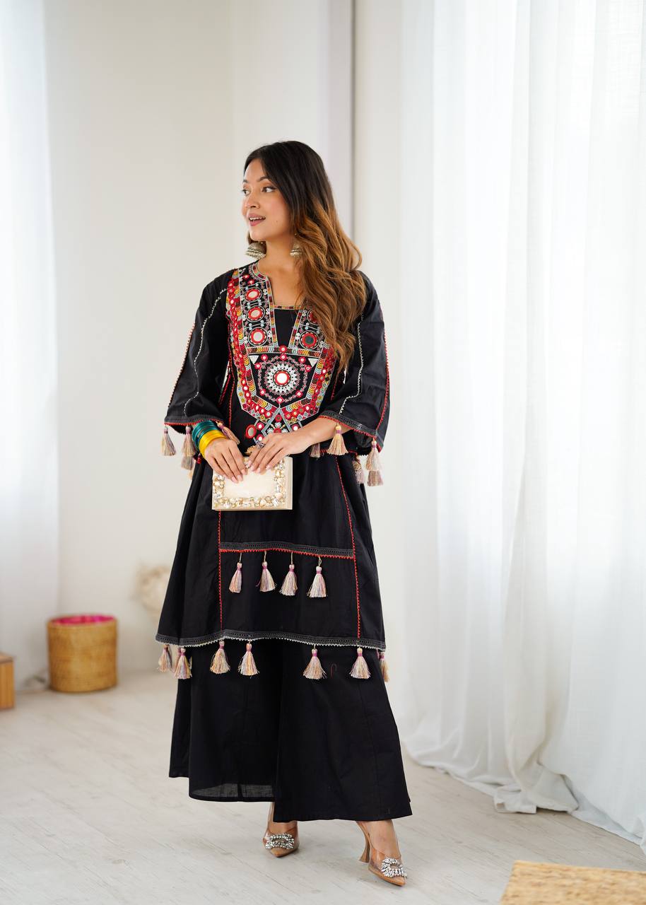 Boho-Inspired Pure Khadi Cotton Set with Sequence & Mirror Embroidery
