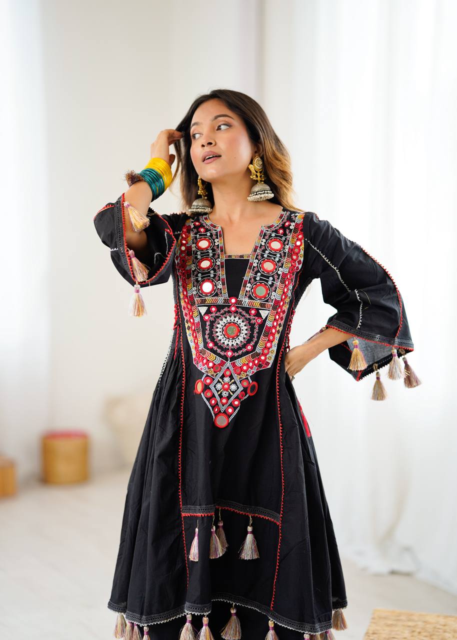 Boho-Inspired Pure Khadi Cotton Set with Sequence & Mirror Embroidery