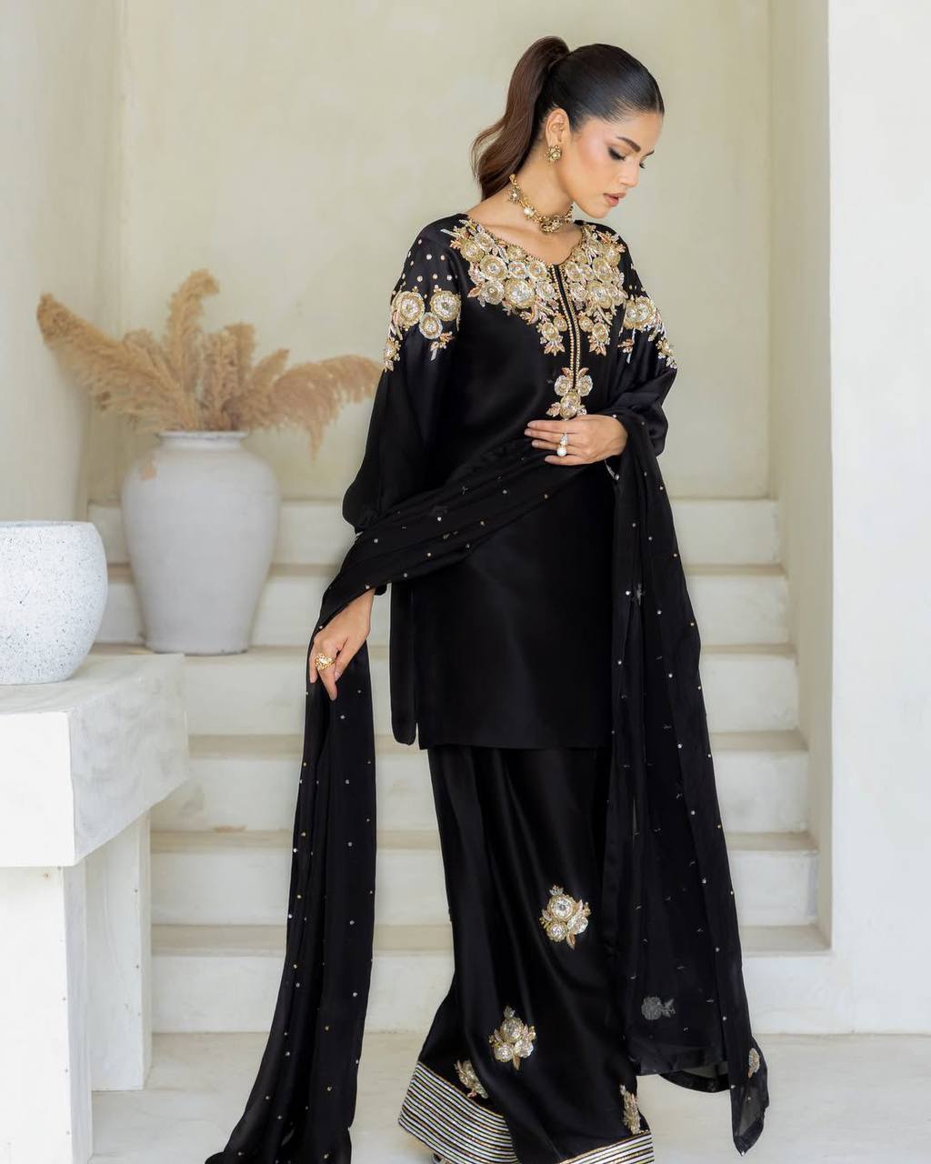Ready-to-Wear Designer Crape Silk Suit with Plazzo & Embroidered Detailing