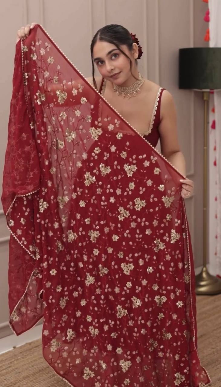 Graceful Party Wear Gown in Faux Georgette with Sequin Embroidery and Lace Border Dupatta