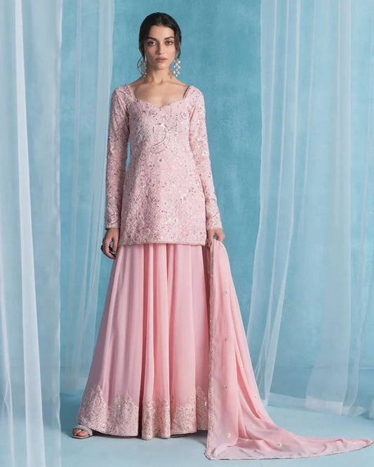 Designer Pink Georgette Suit with Sequins Embroidery Featuring Kurti Palazzo and Dupatta