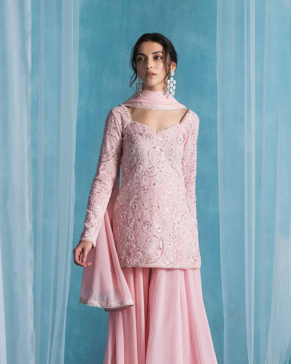 Designer Pink Georgette Suit with Sequins Embroidery Featuring Kurti Palazzo and Dupatta