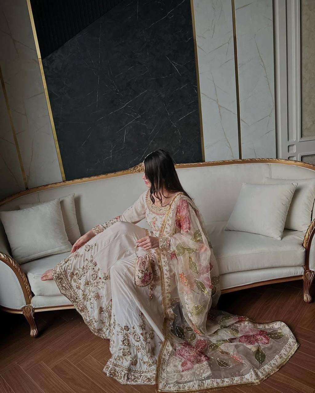 Premium Chinon Suit Featuring Sequance Embroidery on Top and Palazzo with Elegant Dupatta