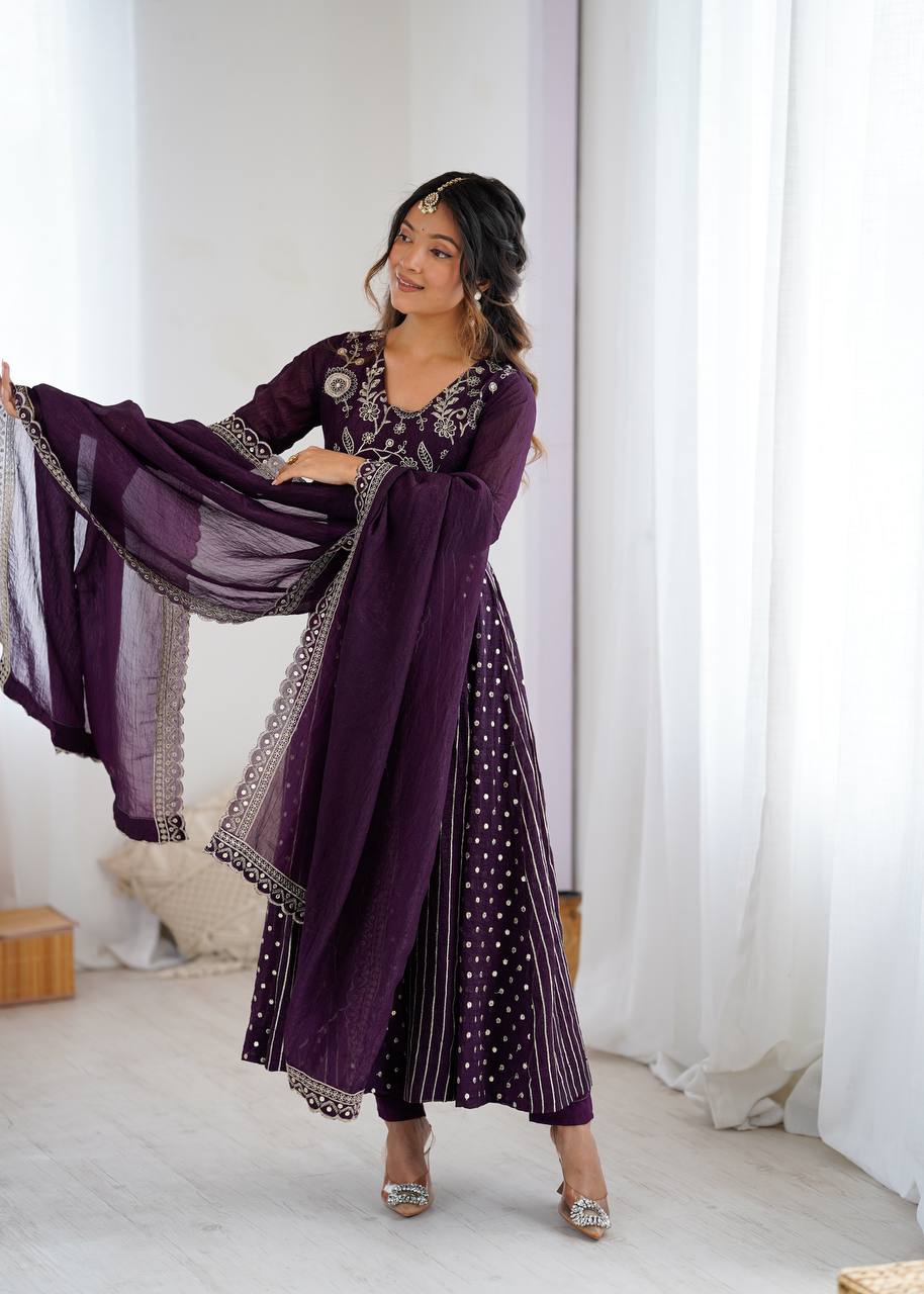 Anarkali Gown in Crunchy Silk with Sequin Embroidery, Paired with Micro Cotton Pants and Lace Dupatta