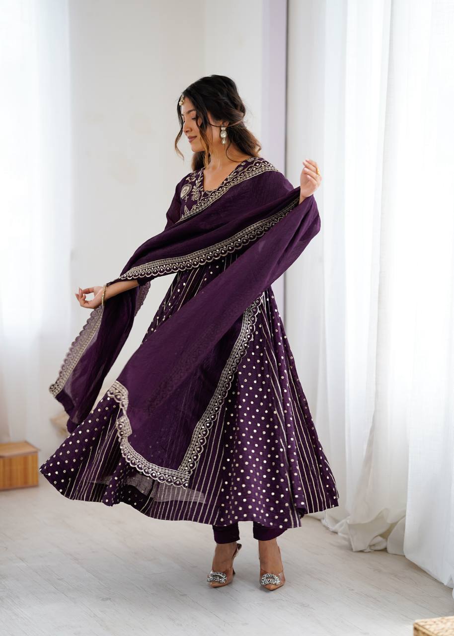 Anarkali Gown in Crunchy Silk with Sequin Embroidery, Paired with Micro Cotton Pants and Lace Dupatta