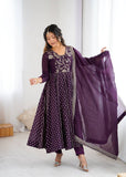 Anarkali Gown in Crunchy Silk with Sequin Embroidery, Paired with Micro Cotton Pants and Lace Dupatta
