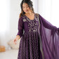 Anarkali Gown in Crunchy Silk with Sequin Embroidery, Paired with Micro Cotton Pants and Lace Dupatta