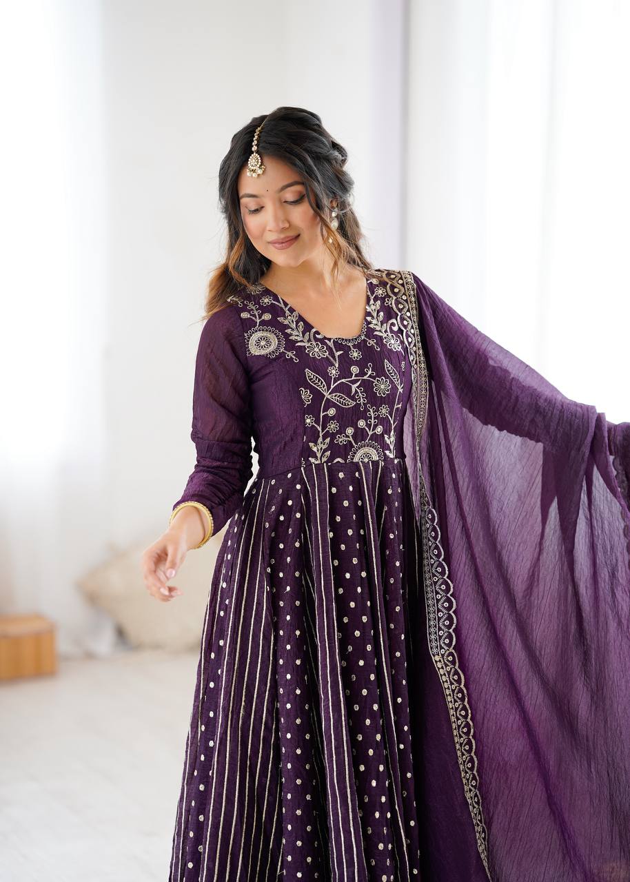Anarkali Gown in Crunchy Silk with Sequin Embroidery, Paired with Micro Cotton Pants and Lace Dupatta