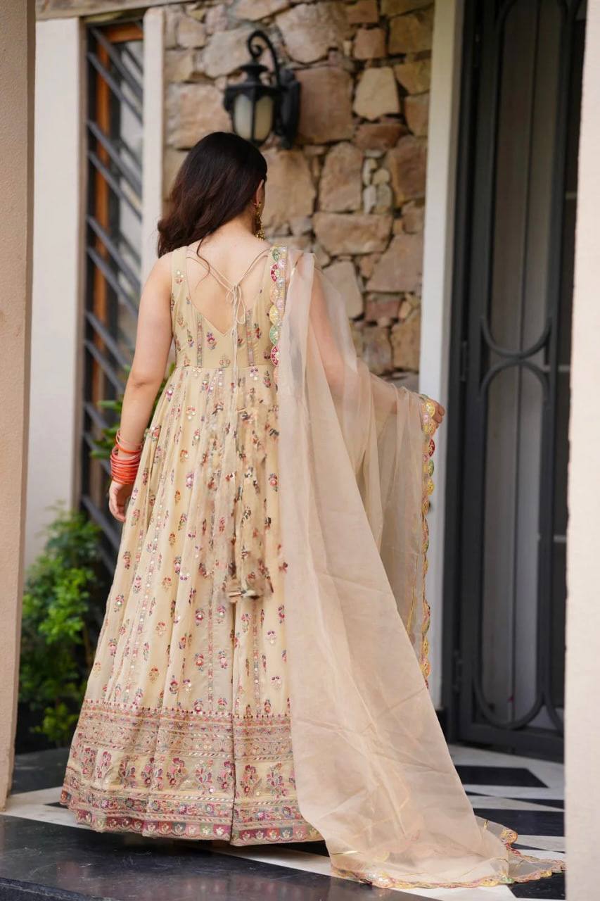 Elegant Faux Georgette Gown with Sequin Embroidery and Stretchable Waist Pants in Micro Cotton